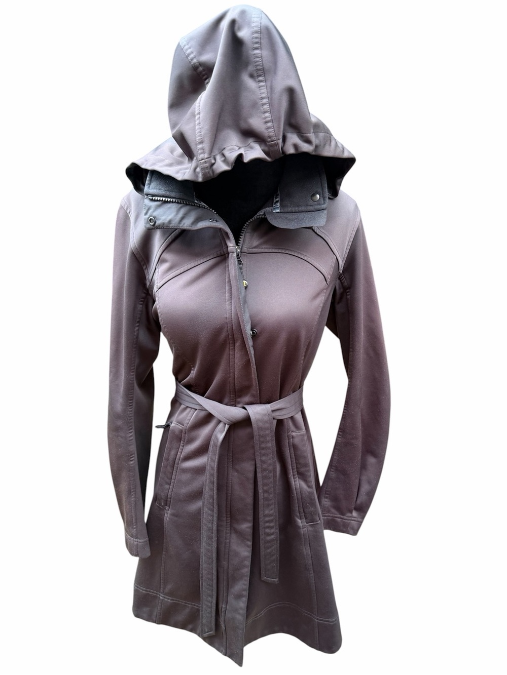 Vintage LULULEMON Women’s Performance Trench Coat Black Hooded Belted Size Small